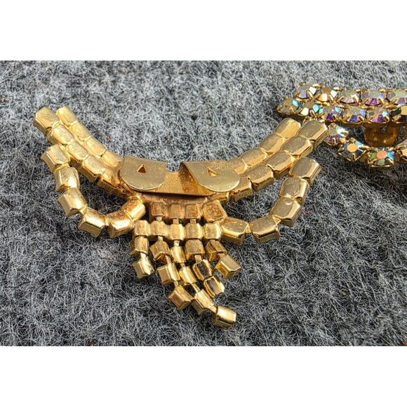 Vtg Gold Tone Rhinestone Double Brooch Set Aurora Borealis Design Jewelry - Picture 4 of 5